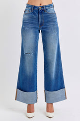 Judy Blue Women's Distressed High Waist Wide Leg Jeans - Trendy Denim with Edge
